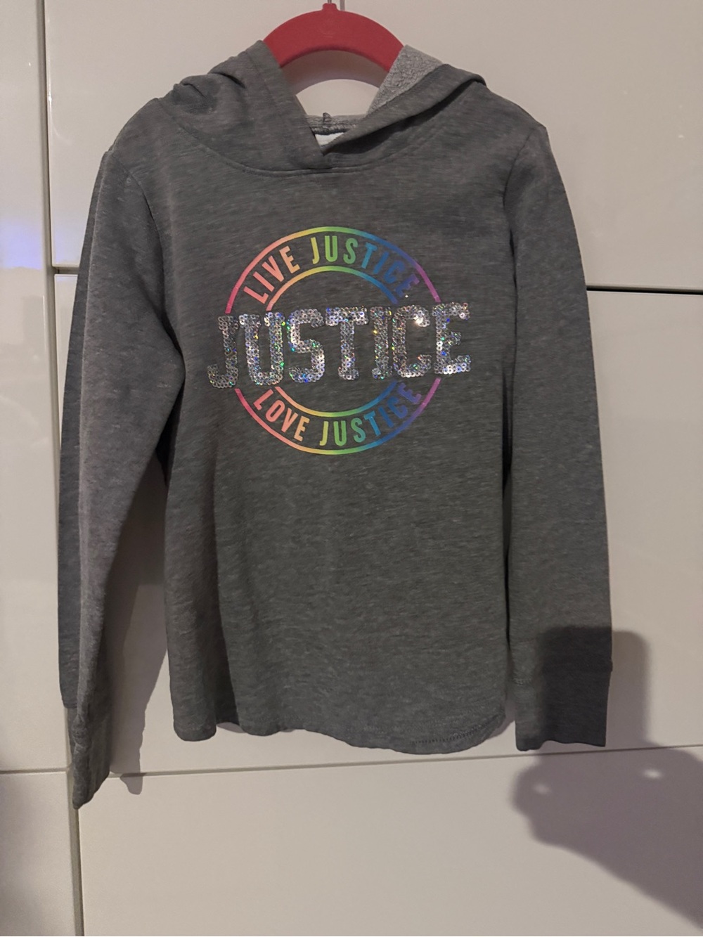 Justice Girls Gray Hoodie with Rainbow Glitter Logo